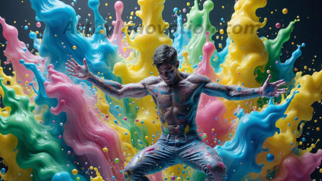 Paint Splat Fun - Hot men having fun with body paint. AI-generated abstract art featuring beautiful, handsome, sexy, shirtless, men, boys, lads, full of excitement joy and fun, covered in body paint, dynamic, interactive, Combining elements of realism with surreal abstract qualities, showcasing the potential of AI in artistic expression. Photos of guys, just smiling, happy, and having a good time. Most of them are smiling because a paint bomb just blow up next to them, so I'm calling is Abstract Art. When paint attacks and makes people happy, it's Art!