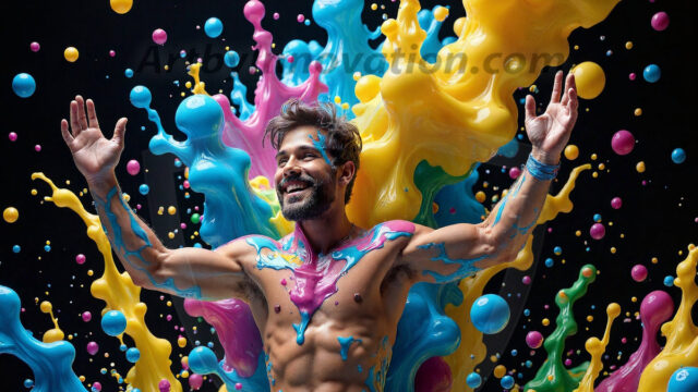 Paint Splat Fun - Hot men having fun with body paint. AI-generated abstract art featuring beautiful, handsome, sexy, shirtless, men, boys, lads, full of excitement joy and fun, covered in body paint, dynamic, interactive, Combining elements of realism with surreal abstract qualities, showcasing the potential of AI in artistic expression. Photos of guys, just smiling, happy, and having a good time. Most of them are smiling because a paint bomb just blow up next to them, so I'm calling is Abstract Art. When paint attacks and makes people happy, it's Art!