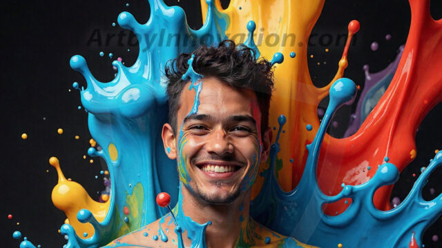 Paint Splat Fun - Hot men having fun with body paint. AI-generated abstract art featuring beautiful, handsome, sexy, shirtless, men, boys, lads, full of excitement joy and fun, covered in body paint, dynamic, interactive, Combining elements of realism with surreal abstract qualities, showcasing the potential of AI in artistic expression. Photos of guys, just smiling, happy, and having a good time. Most of them are smiling because a paint bomb just blow up next to them, so I'm calling is Abstract Art. When paint attacks and makes people happy, it's Art!