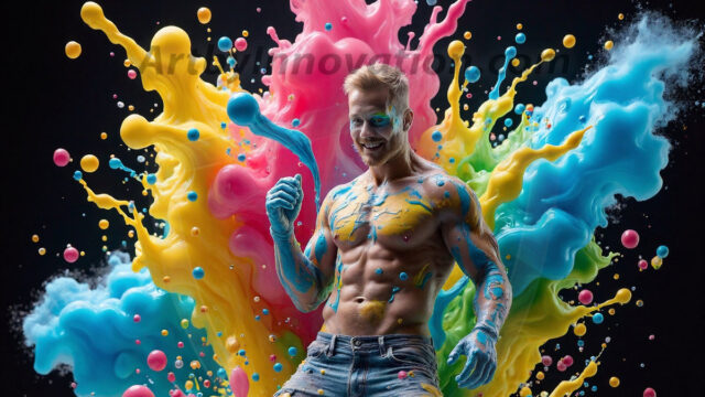 Paint Splat Fun - Hot men having fun with body paint. AI-generated abstract art featuring beautiful, handsome, sexy, shirtless, men, boys, lads, full of excitement joy and fun, covered in body paint, dynamic, interactive, Combining elements of realism with surreal abstract qualities, showcasing the potential of AI in artistic expression. Photos of guys, just smiling, happy, and having a good time. Most of them are smiling because a paint bomb just blow up next to them, so I'm calling is Abstract Art. When paint attacks and makes people happy, it's Art!