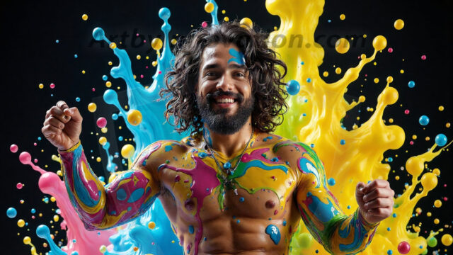 Paint Splat Fun - Hot men having fun with body paint. AI-generated abstract art featuring beautiful, handsome, sexy, shirtless, men, boys, lads, full of excitement joy and fun, covered in body paint, dynamic, interactive, Combining elements of realism with surreal abstract qualities, showcasing the potential of AI in artistic expression. Photos of guys, just smiling, happy, and having a good time. Most of them are smiling because a paint bomb just blow up next to them, so I'm calling is Abstract Art. When paint attacks and makes people happy, it's Art!