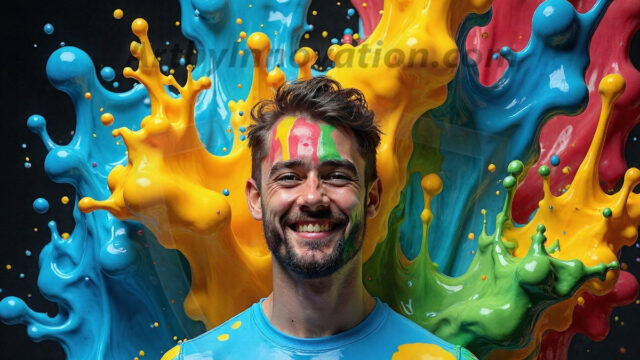 Paint Splat Fun - Hot men having fun with body paint. AI-generated abstract art featuring beautiful, handsome, sexy, shirtless, men, boys, lads, full of excitement joy and fun, covered in body paint, dynamic, interactive, Combining elements of realism with surreal abstract qualities, showcasing the potential of AI in artistic expression. Photos of guys, just smiling, happy, and having a good time. Most of them are smiling because a paint bomb just blow up next to them, so I'm calling is Abstract Art. When paint attacks and makes people happy, it's Art!