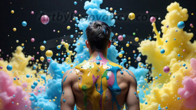 Paint Splat Fun - Hot men having fun with body paint. AI-generated abstract art featuring beautiful, handsome, sexy, shirtless, men, boys, lads, full of excitement joy and fun, covered in body paint, dynamic, interactive, Combining elements of realism with surreal abstract qualities, showcasing the potential of AI in artistic expression. Photos of guys, just smiling, happy, and having a good time. Most of them are smiling because a paint bomb just blow up next to them, so I'm calling is Abstract Art. When paint attacks and makes people happy, it's Art!