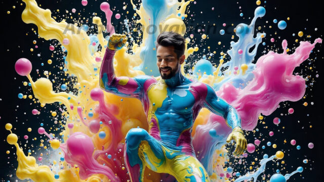 Paint Splat Fun - Hot men having fun with body paint. AI-generated abstract art featuring beautiful, handsome, sexy, shirtless, men, boys, lads, full of excitement joy and fun, covered in body paint, dynamic, interactive, Combining elements of realism with surreal abstract qualities, showcasing the potential of AI in artistic expression. Photos of guys, just smiling, happy, and having a good time. Most of them are smiling because a paint bomb just blow up next to them, so I'm calling is Abstract Art. When paint attacks and makes people happy, it's Art!
