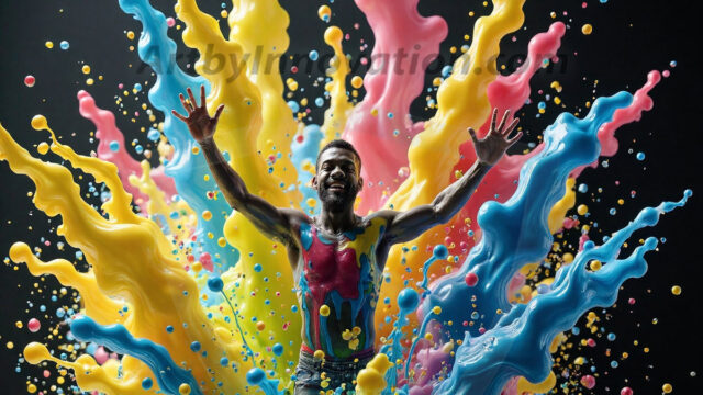 Paint Splat Fun - Hot men having fun with body paint. AI-generated abstract art featuring beautiful, handsome, sexy, shirtless, men, boys, lads, full of excitement joy and fun, covered in body paint, dynamic, interactive, Combining elements of realism with surreal abstract qualities, showcasing the potential of AI in artistic expression. Photos of guys, just smiling, happy, and having a good time. Most of them are smiling because a paint bomb just blow up next to them, so I'm calling is Abstract Art. When paint attacks and makes people happy, it's Art!