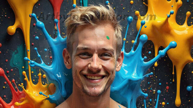 Paint Splat Fun - Hot men having fun with body paint. AI-generated abstract art featuring beautiful, handsome, sexy, shirtless, men, boys, lads, full of excitement joy and fun, covered in body paint, dynamic, interactive, Combining elements of realism with surreal abstract qualities, showcasing the potential of AI in artistic expression. Photos of guys, just smiling, happy, and having a good time. Most of them are smiling because a paint bomb just blow up next to them, so I'm calling is Abstract Art. When paint attacks and makes people happy, it's Art!