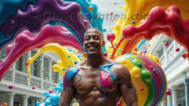 Paint Splat Fun - Hot men having fun with body paint. AI-generated abstract art featuring beautiful, handsome, sexy, shirtless, men, boys, lads, full of excitement joy and fun, covered in body paint, dynamic, interactive, Combining elements of realism with surreal abstract qualities, showcasing the potential of AI in artistic expression. Photos of guys, just smiling, happy, and having a good time. Most of them are smiling because a paint bomb just blow up next to them, so I'm calling is Abstract Art. When paint attacks and makes people happy, it's Art!