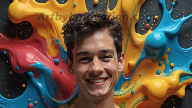 Paint Splat Fun - Hot men having fun with body paint. AI-generated abstract art featuring beautiful, handsome, sexy, shirtless, men, boys, lads, full of excitement joy and fun, covered in body paint, dynamic, interactive, Combining elements of realism with surreal abstract qualities, showcasing the potential of AI in artistic expression. Photos of guys, just smiling, happy, and having a good time. Most of them are smiling because a paint bomb just blow up next to them, so I'm calling is Abstract Art. When paint attacks and makes people happy, it's Art!