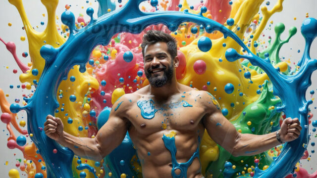 Paint Splat Fun - Hot men having fun with body paint. AI-generated abstract art featuring beautiful, handsome, sexy, shirtless, men, boys, lads, full of excitement joy and fun, covered in body paint, dynamic, interactive, Combining elements of realism with surreal abstract qualities, showcasing the potential of AI in artistic expression. Photos of guys, just smiling, happy, and having a good time. Most of them are smiling because a paint bomb just blow up next to them, so I'm calling is Abstract Art. When paint attacks and makes people happy, it's Art!