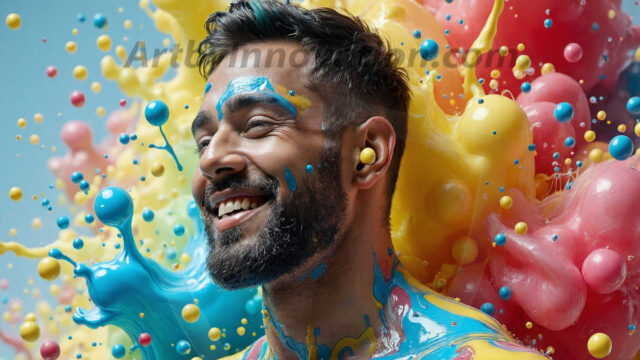 Paint Splat Fun - Hot men having fun with body paint. AI-generated abstract art featuring beautiful, handsome, sexy, shirtless, men, boys, lads, full of excitement joy and fun, covered in body paint, dynamic, interactive, Combining elements of realism with surreal abstract qualities, showcasing the potential of AI in artistic expression. Photos of guys, just smiling, happy, and having a good time. Most of them are smiling because a paint bomb just blow up next to them, so I'm calling is Abstract Art. When paint attacks and makes people happy, it's Art!