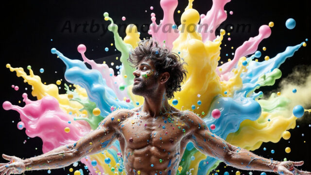 Paint Splat Fun - Hot men having fun with body paint. AI-generated abstract art featuring beautiful, handsome, sexy, shirtless, men, boys, lads, full of excitement joy and fun, covered in body paint, dynamic, interactive, Combining elements of realism with surreal abstract qualities, showcasing the potential of AI in artistic expression. Photos of guys, just smiling, happy, and having a good time. Most of them are smiling because a paint bomb just blow up next to them, so I'm calling is Abstract Art. When paint attacks and makes people happy, it's Art!