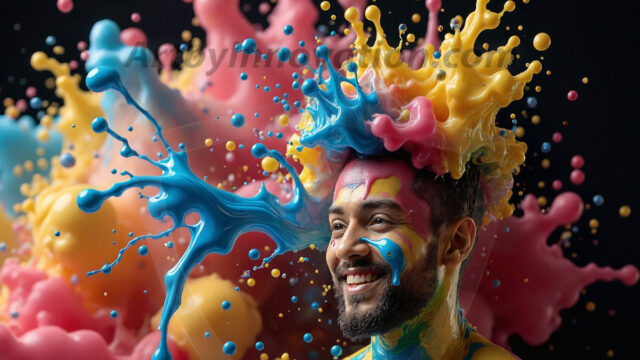Paint Splat Fun - Hot men having fun with body paint. AI-generated abstract art featuring beautiful, handsome, sexy, shirtless, men, boys, lads, full of excitement joy and fun, covered in body paint, dynamic, interactive, Combining elements of realism with surreal abstract qualities, showcasing the potential of AI in artistic expression. Photos of guys, just smiling, happy, and having a good time. Most of them are smiling because a paint bomb just blow up next to them, so I'm calling is Abstract Art. When paint attacks and makes people happy, it's Art!