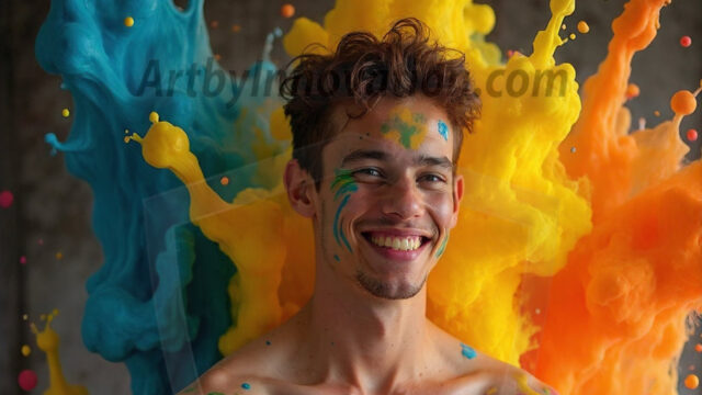 Paint Splat Fun - Hot men having fun with body paint. AI-generated abstract art featuring beautiful, handsome, sexy, shirtless, men, boys, lads, full of excitement joy and fun, covered in body paint, dynamic, interactive, Combining elements of realism with surreal abstract qualities, showcasing the potential of AI in artistic expression. Photos of guys, just smiling, happy, and having a good time. Most of them are smiling because a paint bomb just blow up next to them, so I'm calling is Abstract Art. When paint attacks and makes people happy, it's Art!