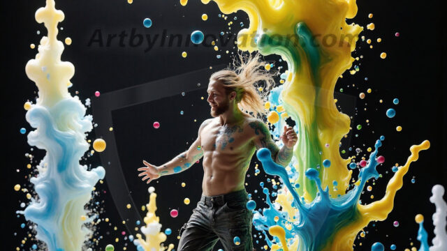 Paint Splat Fun - Hot men having fun with body paint. AI-generated abstract art featuring beautiful, handsome, sexy, shirtless, men, boys, lads, full of excitement joy and fun, covered in body paint, dynamic, interactive, Combining elements of realism with surreal abstract qualities, showcasing the potential of AI in artistic expression. Photos of guys, just smiling, happy, and having a good time. Most of them are smiling because a paint bomb just blow up next to them, so I'm calling is Abstract Art. When paint attacks and makes people happy, it's Art!