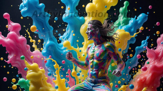 Paint Splat Fun - Hot men having fun with body paint. AI-generated abstract art featuring beautiful, handsome, sexy, shirtless, men, boys, lads, full of excitement joy and fun, covered in body paint, dynamic, interactive, Combining elements of realism with surreal abstract qualities, showcasing the potential of AI in artistic expression. Photos of guys, just smiling, happy, and having a good time. Most of them are smiling because a paint bomb just blow up next to them, so I'm calling is Abstract Art. When paint attacks and makes people happy, it's Art!