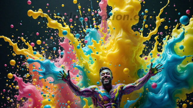 Paint Splat Fun - Hot men having fun with body paint. AI-generated abstract art featuring beautiful, handsome, sexy, shirtless, men, boys, lads, full of excitement joy and fun, covered in body paint, dynamic, interactive, Combining elements of realism with surreal abstract qualities, showcasing the potential of AI in artistic expression. Photos of guys, just smiling, happy, and having a good time. Most of them are smiling because a paint bomb just blow up next to them, so I'm calling is Abstract Art. When paint attacks and makes people happy, it's Art!
