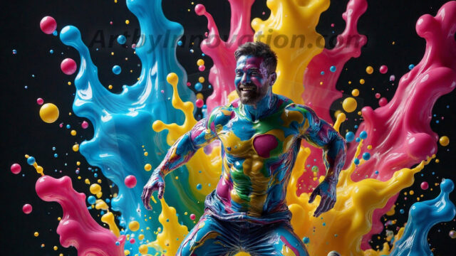 Paint Splat Fun - Hot men having fun with body paint. AI-generated abstract art featuring beautiful, handsome, sexy, shirtless, men, boys, lads, full of excitement joy and fun, covered in body paint, dynamic, interactive, Combining elements of realism with surreal abstract qualities, showcasing the potential of AI in artistic expression. Photos of guys, just smiling, happy, and having a good time. Most of them are smiling because a paint bomb just blow up next to them, so I'm calling is Abstract Art. When paint attacks and makes people happy, it's Art!