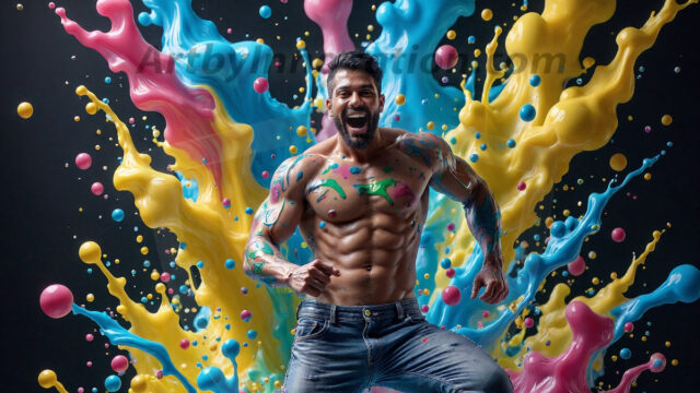 Paint Splat Fun - Hot men having fun with body paint. AI-generated abstract art featuring beautiful, handsome, sexy, shirtless, men, boys, lads, full of excitement joy and fun, covered in body paint, dynamic, interactive, Combining elements of realism with surreal abstract qualities, showcasing the potential of AI in artistic expression. Photos of guys, just smiling, happy, and having a good time. Most of them are smiling because a paint bomb just blow up next to them, so I'm calling is Abstract Art. When paint attacks and makes people happy, it's Art!