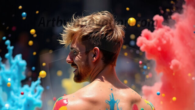 Paint Splat Fun - Hot men having fun with body paint. AI-generated abstract art featuring beautiful, handsome, sexy, shirtless, men, boys, lads, full of excitement joy and fun, covered in body paint, dynamic, interactive, Combining elements of realism with surreal abstract qualities, showcasing the potential of AI in artistic expression. Photos of guys, just smiling, happy, and having a good time. Most of them are smiling because a paint bomb just blow up next to them, so I'm calling is Abstract Art. When paint attacks and makes people happy, it's Art!