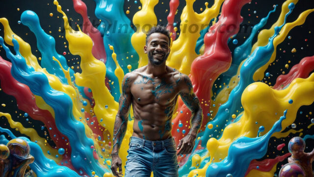 Paint Splat Fun - Hot men having fun with body paint. AI-generated abstract art featuring beautiful, handsome, sexy, shirtless, men, boys, lads, full of excitement joy and fun, covered in body paint, dynamic, interactive, Combining elements of realism with surreal abstract qualities, showcasing the potential of AI in artistic expression. Photos of guys, just smiling, happy, and having a good time. Most of them are smiling because a paint bomb just blow up next to them, so I'm calling is Abstract Art. When paint attacks and makes people happy, it's Art!