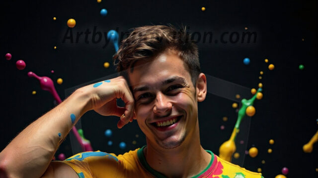 Paint Splat Fun - Hot men having fun with body paint. AI-generated abstract art featuring beautiful, handsome, sexy, shirtless, men, boys, lads, full of excitement joy and fun, covered in body paint, dynamic, interactive, Combining elements of realism with surreal abstract qualities, showcasing the potential of AI in artistic expression. Photos of guys, just smiling, happy, and having a good time. Most of them are smiling because a paint bomb just blow up next to them, so I'm calling is Abstract Art. When paint attacks and makes people happy, it's Art!