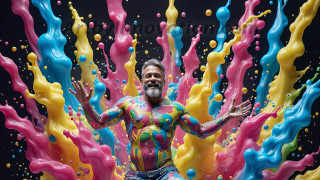 Paint Splat Fun - Hot men having fun with body paint. AI-generated abstract art featuring beautiful, handsome, sexy, shirtless, men, boys, lads, full of excitement joy and fun, covered in body paint, dynamic, interactive, Combining elements of realism with surreal abstract qualities, showcasing the potential of AI in artistic expression. Photos of guys, just smiling, happy, and having a good time. Most of them are smiling because a paint bomb just blow up next to them, so I'm calling is Abstract Art. When paint attacks and makes people happy, it's Art!