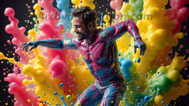 Paint Splat Fun - Hot men having fun with body paint. AI-generated abstract art featuring beautiful, handsome, sexy, shirtless, men, boys, lads, full of excitement joy and fun, covered in body paint, dynamic, interactive, Combining elements of realism with surreal abstract qualities, showcasing the potential of AI in artistic expression. Photos of guys, just smiling, happy, and having a good time. Most of them are smiling because a paint bomb just blow up next to them, so I'm calling is Abstract Art. When paint attacks and makes people happy, it's Art!