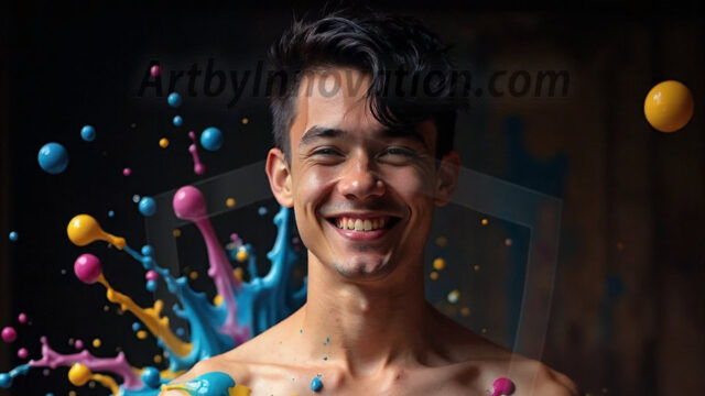 Paint Splat Fun - Hot men having fun with body paint. AI-generated abstract art featuring beautiful, handsome, sexy, shirtless, men, boys, lads, full of excitement joy and fun, covered in body paint, dynamic, interactive, Combining elements of realism with surreal abstract qualities, showcasing the potential of AI in artistic expression. Photos of guys, just smiling, happy, and having a good time. Most of them are smiling because a paint bomb just blow up next to them, so I'm calling is Abstract Art. When paint attacks and makes people happy, it's Art!