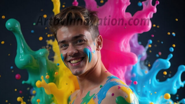 Paint Splat Fun - Hot men having fun with body paint. AI-generated abstract art featuring beautiful, handsome, sexy, shirtless, men, boys, lads, full of excitement joy and fun, covered in body paint, dynamic, interactive, Combining elements of realism with surreal abstract qualities, showcasing the potential of AI in artistic expression. Photos of guys, just smiling, happy, and having a good time. Most of them are smiling because a paint bomb just blow up next to them, so I'm calling is Abstract Art. When paint attacks and makes people happy, it's Art!