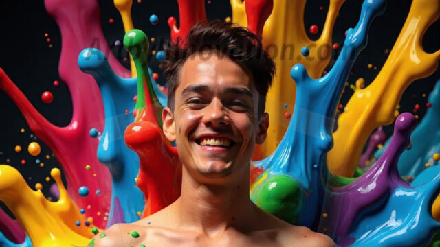 Paint Splat Fun - Hot men having fun with body paint. AI-generated abstract art featuring beautiful, handsome, sexy, shirtless, men, boys, lads, full of excitement joy and fun, covered in body paint, dynamic, interactive, Combining elements of realism with surreal abstract qualities, showcasing the potential of AI in artistic expression. Photos of guys, just smiling, happy, and having a good time. Most of them are smiling because a paint bomb just blow up next to them, so I'm calling is Abstract Art. When paint attacks and makes people happy, it's Art!