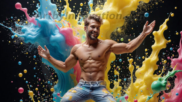 Paint Splat Fun - Hot men having fun with body paint. AI-generated abstract art featuring beautiful, handsome, sexy, shirtless, men, boys, lads, full of excitement joy and fun, covered in body paint, dynamic, interactive, Combining elements of realism with surreal abstract qualities, showcasing the potential of AI in artistic expression. Photos of guys, just smiling, happy, and having a good time. Most of them are smiling because a paint bomb just blow up next to them, so I'm calling is Abstract Art. When paint attacks and makes people happy, it's Art!