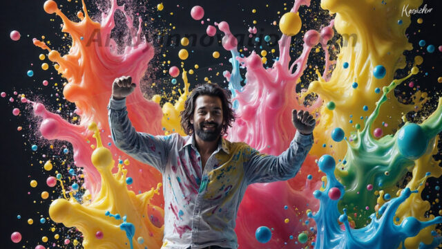 Paint Splat Fun - Hot men having fun with body paint. AI-generated abstract art featuring beautiful, handsome, sexy, shirtless, men, boys, lads, full of excitement joy and fun, covered in body paint, dynamic, interactive, Combining elements of realism with surreal abstract qualities, showcasing the potential of AI in artistic expression. Photos of guys, just smiling, happy, and having a good time. Most of them are smiling because a paint bomb just blow up next to them, so I'm calling is Abstract Art. When paint attacks and makes people happy, it's Art!