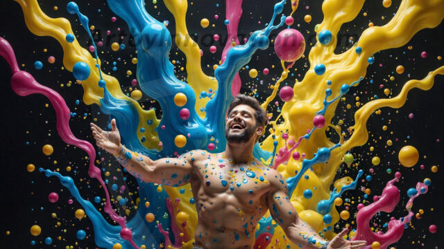 Paint Splat Fun - Hot men having fun with body paint. AI-generated abstract art featuring beautiful, handsome, sexy, shirtless, men, boys, lads, full of excitement joy and fun, covered in body paint, dynamic, interactive, Combining elements of realism with surreal abstract qualities, showcasing the potential of AI in artistic expression. Photos of guys, just smiling, happy, and having a good time. Most of them are smiling because a paint bomb just blow up next to them, so I'm calling is Abstract Art. When paint attacks and makes people happy, it's Art!