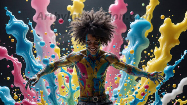 Paint Splat Fun - Hot men having fun with body paint. AI-generated abstract art featuring beautiful, handsome, sexy, shirtless, men, boys, lads, full of excitement joy and fun, covered in body paint, dynamic, interactive, Combining elements of realism with surreal abstract qualities, showcasing the potential of AI in artistic expression. Photos of guys, just smiling, happy, and having a good time. Most of them are smiling because a paint bomb just blow up next to them, so I'm calling is Abstract Art. When paint attacks and makes people happy, it's Art!