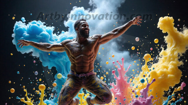 Paint Splat Fun - Hot men having fun with body paint. AI-generated abstract art featuring beautiful, handsome, sexy, shirtless, men, boys, lads, full of excitement joy and fun, covered in body paint, dynamic, interactive, Combining elements of realism with surreal abstract qualities, showcasing the potential of AI in artistic expression. Photos of guys, just smiling, happy, and having a good time. Most of them are smiling because a paint bomb just blow up next to them, so I'm calling is Abstract Art. When paint attacks and makes people happy, it's Art!
