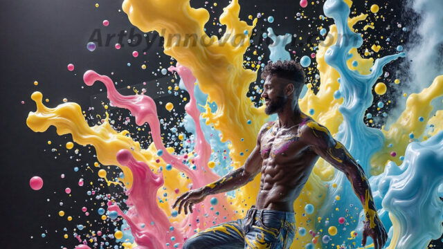 Paint Splat Fun - Hot men having fun with body paint. AI-generated abstract art featuring beautiful, handsome, sexy, shirtless, men, boys, lads, full of excitement joy and fun, covered in body paint, dynamic, interactive, Combining elements of realism with surreal abstract qualities, showcasing the potential of AI in artistic expression. Photos of guys, just smiling, happy, and having a good time. Most of them are smiling because a paint bomb just blow up next to them, so I'm calling is Abstract Art. When paint attacks and makes people happy, it's Art!