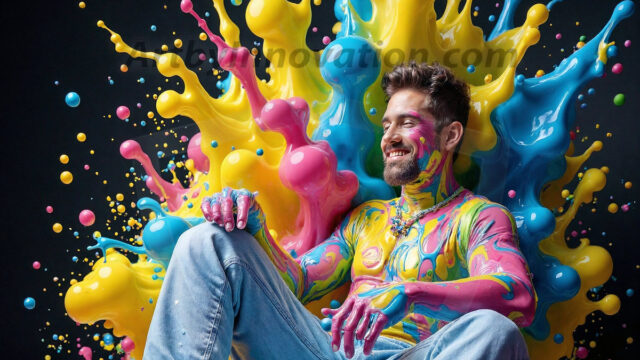 Paint Splat Fun - Hot men having fun with body paint. AI-generated abstract art featuring beautiful, handsome, sexy, shirtless, men, boys, lads, full of excitement joy and fun, covered in body paint, dynamic, interactive, Combining elements of realism with surreal abstract qualities, showcasing the potential of AI in artistic expression. Photos of guys, just smiling, happy, and having a good time. Most of them are smiling because a paint bomb just blow up next to them, so I'm calling is Abstract Art. When paint attacks and makes people happy, it's Art!