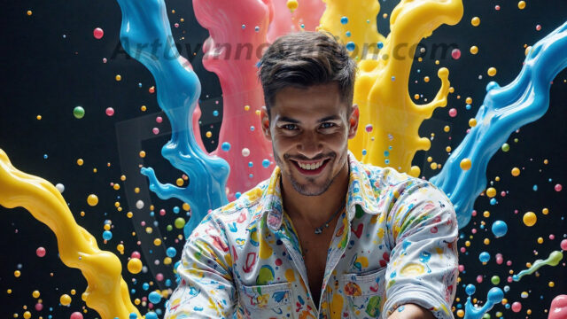 Paint Splat Fun - Hot men having fun with body paint. AI-generated abstract art featuring beautiful, handsome, sexy, shirtless, men, boys, lads, full of excitement joy and fun, covered in body paint, dynamic, interactive, Combining elements of realism with surreal abstract qualities, showcasing the potential of AI in artistic expression. Photos of guys, just smiling, happy, and having a good time. Most of them are smiling because a paint bomb just blow up next to them, so I'm calling is Abstract Art. When paint attacks and makes people happy, it's Art!