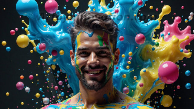 Paint Splat Fun - Hot men having fun with body paint. AI-generated abstract art featuring beautiful, handsome, sexy, shirtless, men, boys, lads, full of excitement joy and fun, covered in body paint, dynamic, interactive, Combining elements of realism with surreal abstract qualities, showcasing the potential of AI in artistic expression. Photos of guys, just smiling, happy, and having a good time. Most of them are smiling because a paint bomb just blow up next to them, so I'm calling is Abstract Art. When paint attacks and makes people happy, it's Art!
