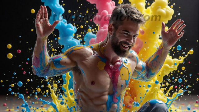 Paint Splat Fun - Hot men having fun with body paint. AI-generated abstract art featuring beautiful, handsome, sexy, shirtless, men, boys, lads, full of excitement joy and fun, covered in body paint, dynamic, interactive, Combining elements of realism with surreal abstract qualities, showcasing the potential of AI in artistic expression. Photos of guys, just smiling, happy, and having a good time. Most of them are smiling because a paint bomb just blow up next to them, so I'm calling is Abstract Art. When paint attacks and makes people happy, it's Art!