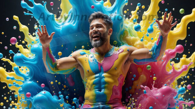 Paint Splat Fun - Hot men having fun with body paint. AI-generated abstract art featuring beautiful, handsome, sexy, shirtless, men, boys, lads, full of excitement joy and fun, covered in body paint, dynamic, interactive, Combining elements of realism with surreal abstract qualities, showcasing the potential of AI in artistic expression. Photos of guys, just smiling, happy, and having a good time. Most of them are smiling because a paint bomb just blow up next to them, so I'm calling is Abstract Art. When paint attacks and makes people happy, it's Art!