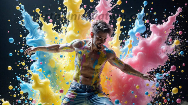 Paint Splat Fun - Hot men having fun with body paint. AI-generated abstract art featuring beautiful, handsome, sexy, shirtless, men, boys, lads, full of excitement joy and fun, covered in body paint, dynamic, interactive, Combining elements of realism with surreal abstract qualities, showcasing the potential of AI in artistic expression. Photos of guys, just smiling, happy, and having a good time. Most of them are smiling because a paint bomb just blow up next to them, so I'm calling is Abstract Art. When paint attacks and makes people happy, it's Art!