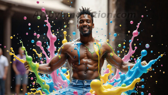 Paint Splat Fun - Hot men having fun with body paint. AI-generated abstract art featuring beautiful, handsome, sexy, shirtless, men, boys, lads, full of excitement joy and fun, covered in body paint, dynamic, interactive, Combining elements of realism with surreal abstract qualities, showcasing the potential of AI in artistic expression. Photos of guys, just smiling, happy, and having a good time. Most of them are smiling because a paint bomb just blow up next to them, so I'm calling is Abstract Art. When paint attacks and makes people happy, it's Art!