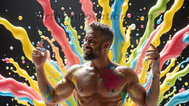 Paint Splat Fun - Hot men having fun with body paint. AI-generated abstract art featuring beautiful, handsome, sexy, shirtless, men, boys, lads, full of excitement joy and fun, covered in body paint, dynamic, interactive, Combining elements of realism with surreal abstract qualities, showcasing the potential of AI in artistic expression. Photos of guys, just smiling, happy, and having a good time. Most of them are smiling because a paint bomb just blow up next to them, so I'm calling is Abstract Art. When paint attacks and makes people happy, it's Art!