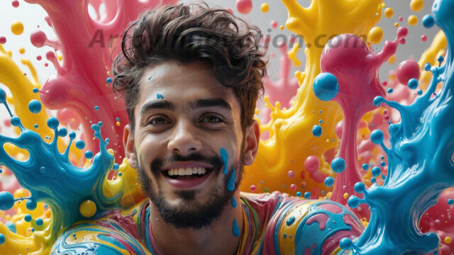 Paint Splat Fun - Hot men having fun with body paint. AI-generated abstract art featuring beautiful, handsome, sexy, shirtless, men, boys, lads, full of excitement joy and fun, covered in body paint, dynamic, interactive, Combining elements of realism with surreal abstract qualities, showcasing the potential of AI in artistic expression. Photos of guys, just smiling, happy, and having a good time. Most of them are smiling because a paint bomb just blow up next to them, so I'm calling is Abstract Art. When paint attacks and makes people happy, it's Art!