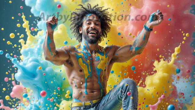 Paint Splat Fun - Hot men having fun with body paint. AI-generated abstract art featuring beautiful, handsome, sexy, shirtless, men, boys, lads, full of excitement joy and fun, covered in body paint, dynamic, interactive, Combining elements of realism with surreal abstract qualities, showcasing the potential of AI in artistic expression. Photos of guys, just smiling, happy, and having a good time. Most of them are smiling because a paint bomb just blow up next to them, so I'm calling is Abstract Art. When paint attacks and makes people happy, it's Art!