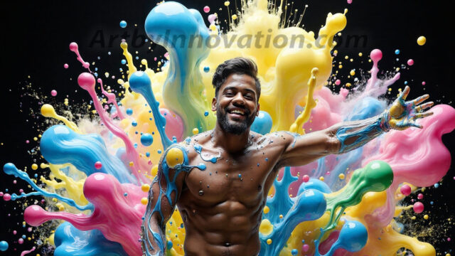 Paint Splat Fun - Hot men having fun with body paint. AI-generated abstract art featuring beautiful, handsome, sexy, shirtless, men, boys, lads, full of excitement joy and fun, covered in body paint, dynamic, interactive, Combining elements of realism with surreal abstract qualities, showcasing the potential of AI in artistic expression. Photos of guys, just smiling, happy, and having a good time. Most of them are smiling because a paint bomb just blow up next to them, so I'm calling is Abstract Art. When paint attacks and makes people happy, it's Art!