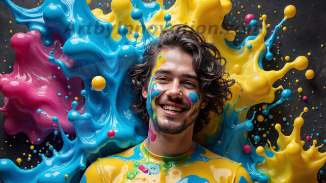 Paint Splat Fun - Hot men having fun with body paint. AI-generated abstract art featuring beautiful, handsome, sexy, shirtless, men, boys, lads, full of excitement joy and fun, covered in body paint, dynamic, interactive, Combining elements of realism with surreal abstract qualities, showcasing the potential of AI in artistic expression. Photos of guys, just smiling, happy, and having a good time. Most of them are smiling because a paint bomb just blow up next to them, so I'm calling is Abstract Art. When paint attacks and makes people happy, it's Art!