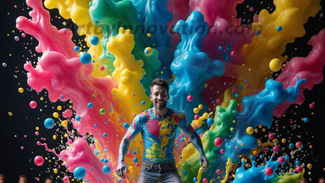 Paint Splat Fun - Hot men having fun with body paint. AI-generated abstract art featuring beautiful, handsome, sexy, shirtless, men, boys, lads, full of excitement joy and fun, covered in body paint, dynamic, interactive, Combining elements of realism with surreal abstract qualities, showcasing the potential of AI in artistic expression. Photos of guys, just smiling, happy, and having a good time. Most of them are smiling because a paint bomb just blow up next to them, so I'm calling is Abstract Art. When paint attacks and makes people happy, it's Art!