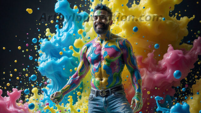 Paint Splat Fun - Hot men having fun with body paint. AI-generated abstract art featuring beautiful, handsome, sexy, shirtless, men, boys, lads, full of excitement joy and fun, covered in body paint, dynamic, interactive, Combining elements of realism with surreal abstract qualities, showcasing the potential of AI in artistic expression. Photos of guys, just smiling, happy, and having a good time. Most of them are smiling because a paint bomb just blow up next to them, so I'm calling is Abstract Art. When paint attacks and makes people happy, it's Art!